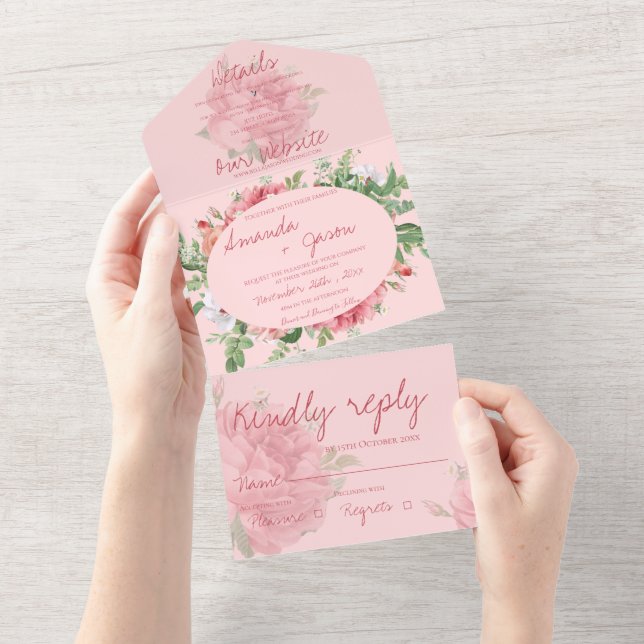 Elegant Blush Pink Floral Monogram Pretty Wedding All In One Invitation (Tearaway)
