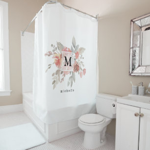 Elegant Blush Pink Floral Monogram Shower Curtain