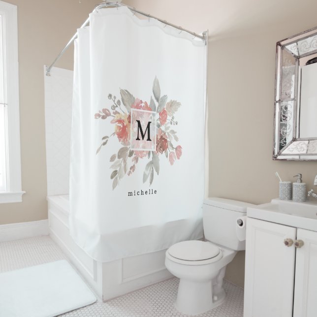 Elegant Blush Pink Floral Monogram Shower Curtain (In Situ)