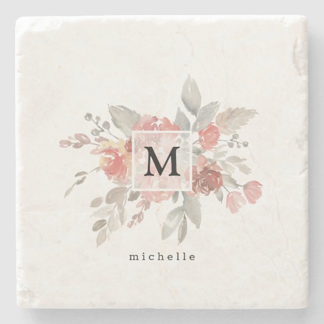 Elegant Blush Pink Floral Monogram Stone Coaster (Front)