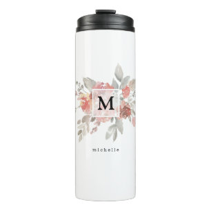 Elegant Blush Pink Floral Monogram Thermal Tumbler