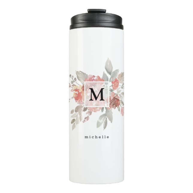 Elegant Blush Pink Floral Monogram Thermal Tumbler (Front)