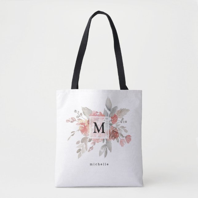 Elegant Blush Pink Floral Monogram Tote Bag (Front)