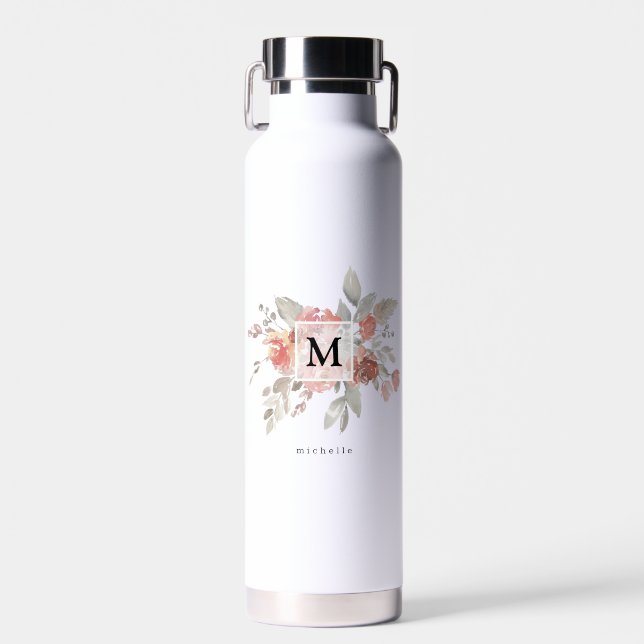 Elegant Blush Pink Floral Monogram Water Bottle (Front)