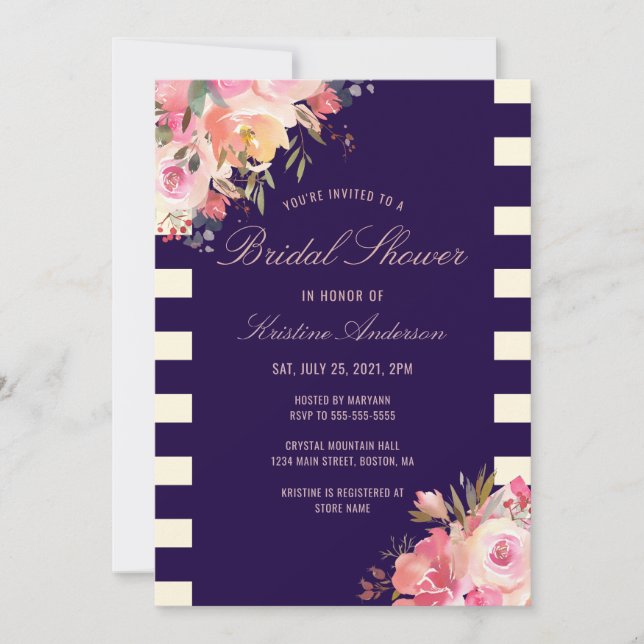 Elegant Blush Pink Floral Navy Blue Stripes Invitation (Front)