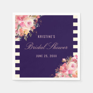 Elegant Blush Pink Floral Navy Blue Stripes Napkin