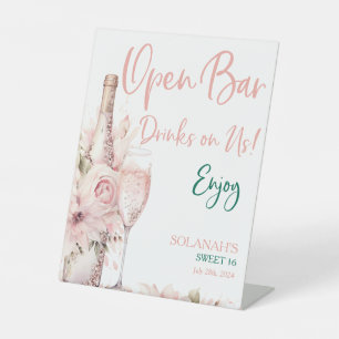 Elegant Blush Pink Floral Open Bar Drinks on Us Pedestal Sign
