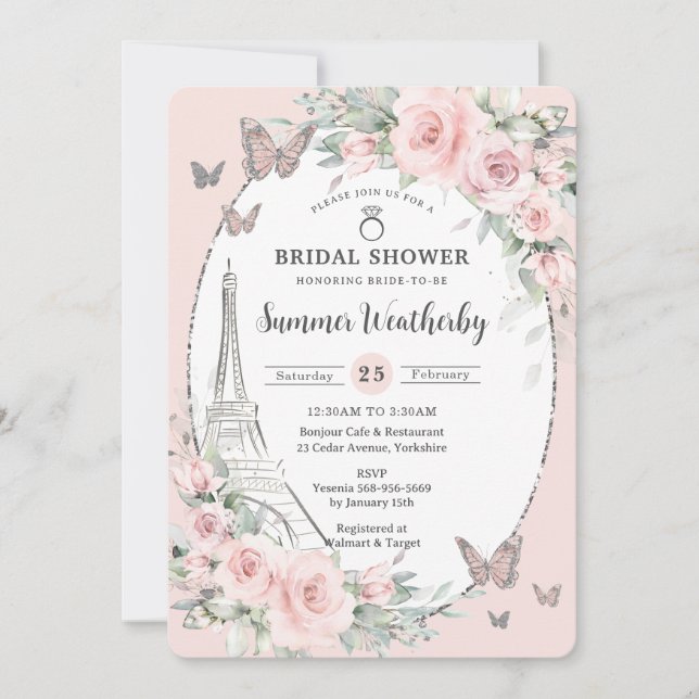 Elegant Blush Pink Floral Paris Bridal Shower  Invitation (Front)