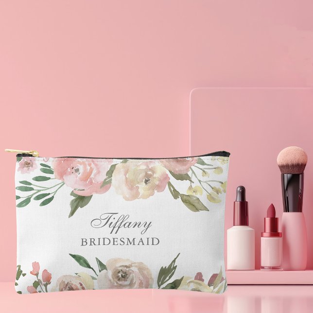 Elegant Blush Pink Floral Personalised Bridesmaid Accessory Pouch (Creator Uploaded)