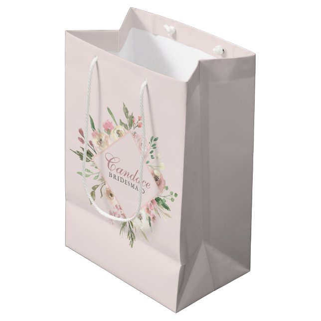 Elegant Blush Pink Floral Personalised Bridesmaid Medium Gift Bag (Front Angled)