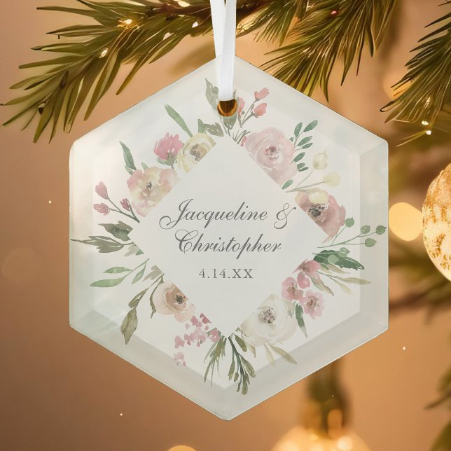 Elegant Blush Pink Floral Personalised Wedding Glass Tree Decoration (Creator Uploaded)