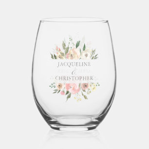 Elegant Blush Pink Floral Personalised Wedding Stemless Wine Glass