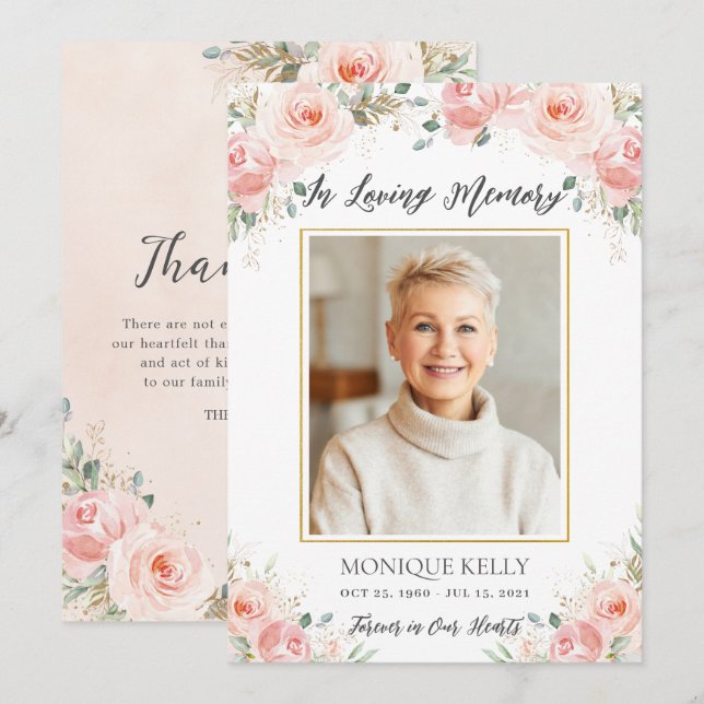 Elegant Blush Pink Floral Photo Funeral Memorial Thank You Card (Front/Back)