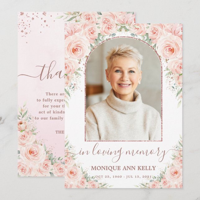 Elegant Blush Pink Floral Photo Funeral Memorial Thank You Card (Front/Back)
