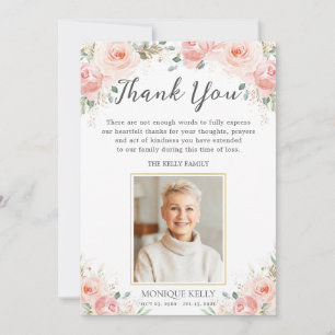 Elegant Blush Pink Floral Photo Funeral Memorial Thank You Card