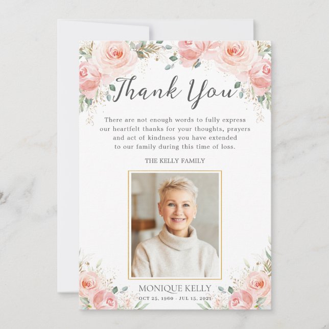 Elegant Blush Pink Floral Photo Funeral Memorial Thank You Card (Front)