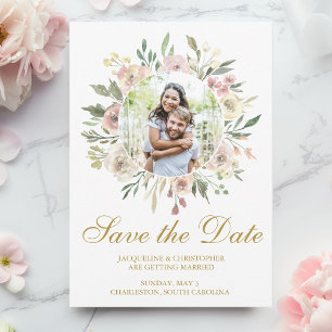 Elegant Blush Pink Floral Photo Gold Save The Date