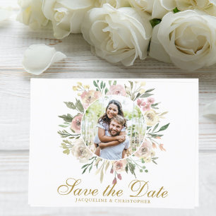 Elegant Blush Pink Floral Photo Gold Save The Date Postcard