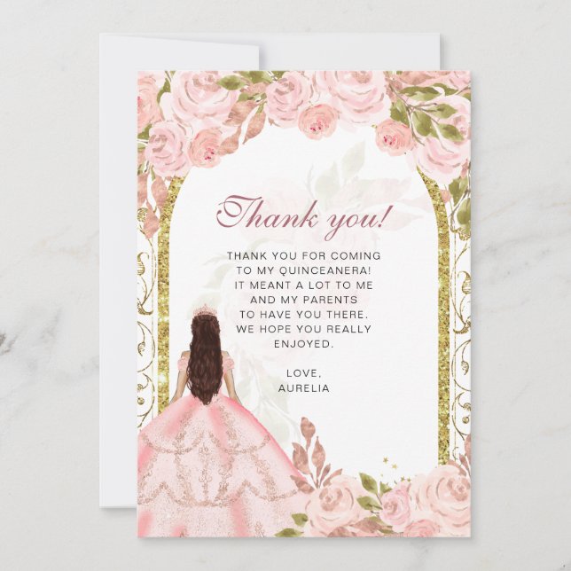 Elegant Blush Pink Floral Photo Quinceañera Thank You Card (Front)