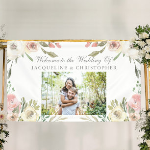 Elegant Blush Pink Floral Photo Wedding Welcome Banner