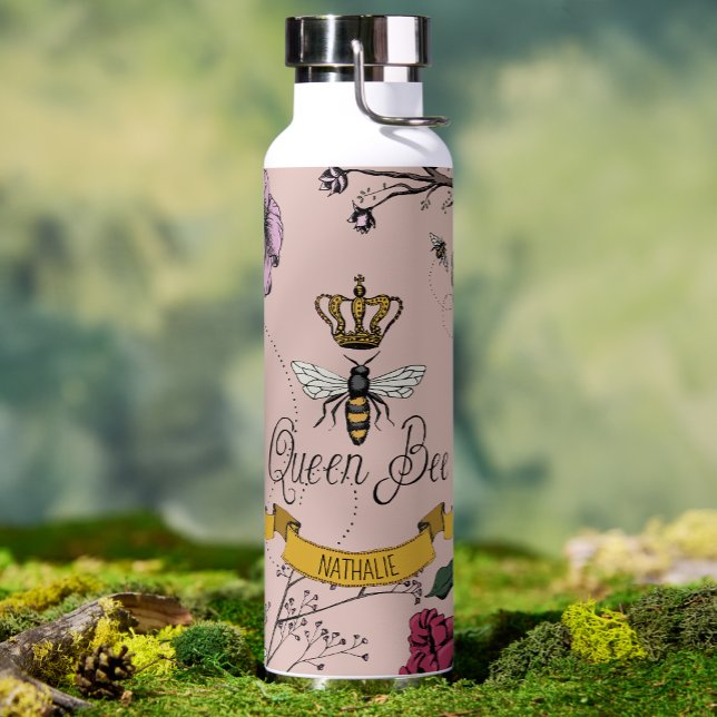 Elegant Blush Pink Floral Queen Bee Personalised Water Bottle (Elegant Queen Bee Gold Crown Water Bottle in Blush Pink for Her. Hand Drawn Floral Bee Illustration.)