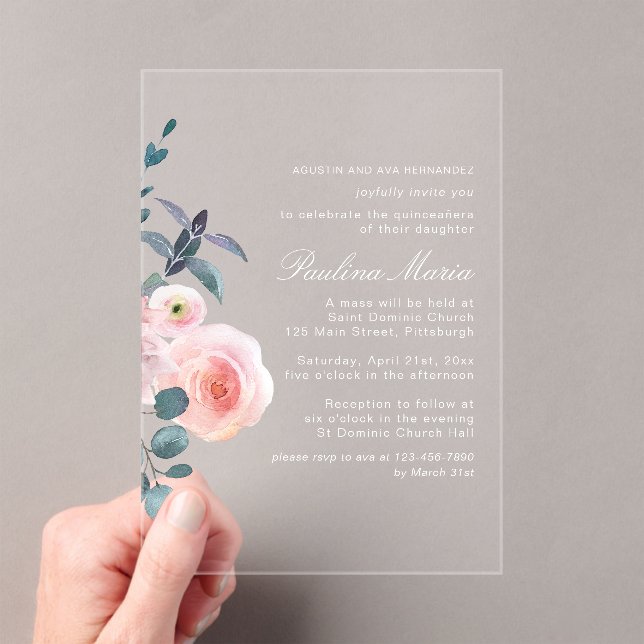 Elegant Blush Pink Floral Quinceañera Acrylic Invitations (Insitu (Handheld))