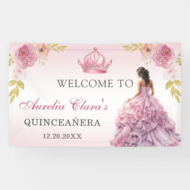 Elegant Blush Pink Floral Quinceañera Birthday Banner (Horizontal)