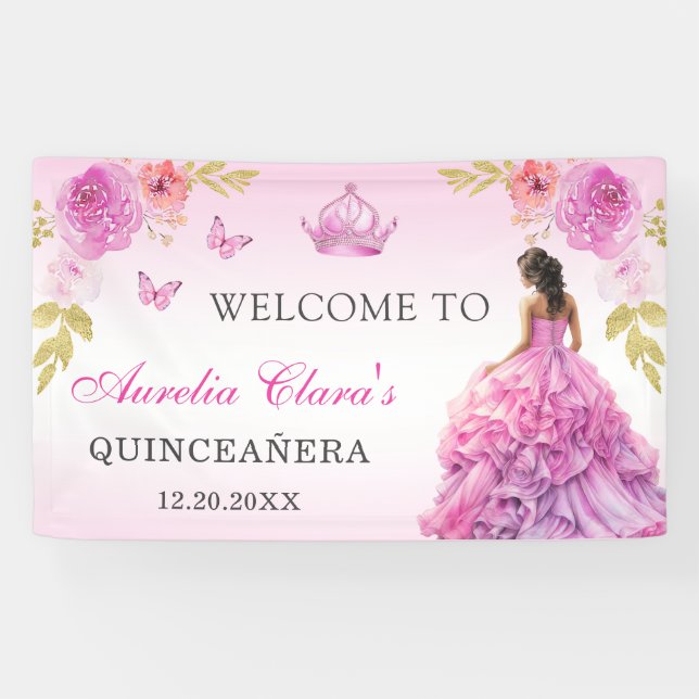 Elegant Blush Pink Floral Quinceañera Birthday Banner (Horizontal)