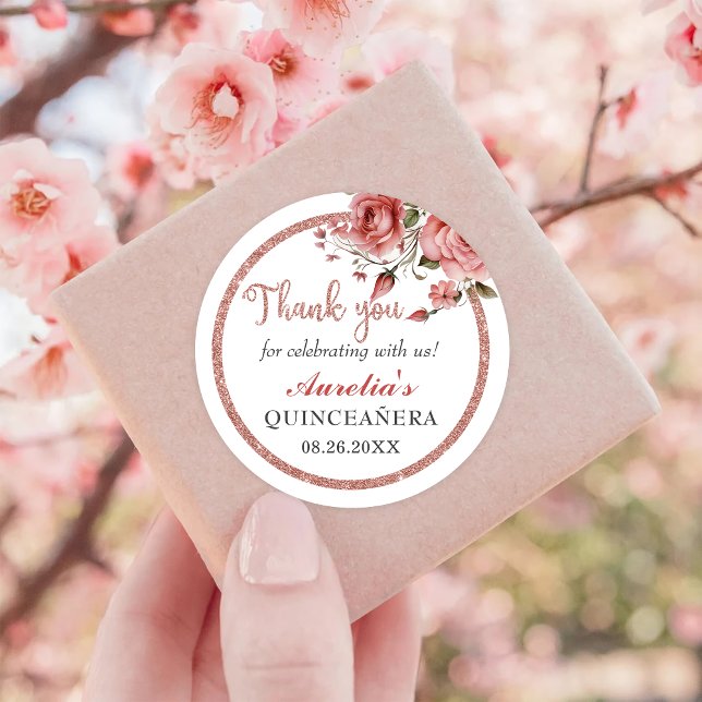Elegant Blush Pink Floral Quinceanera Birthday Classic Round Sticker (Creator Uploaded)