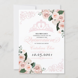Elegant Blush Pink Floral Quinceanera Birthday  Invitation