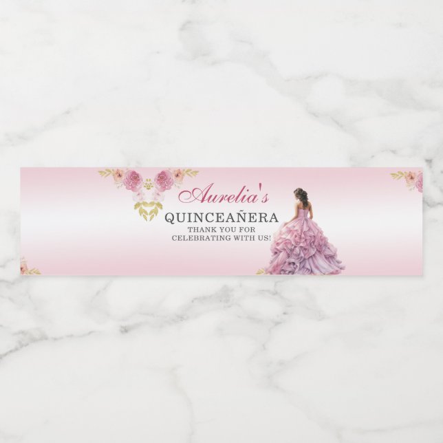 Elegant Blush Pink Floral Quinceañera Birthday Water Bottle Label (Single Label)