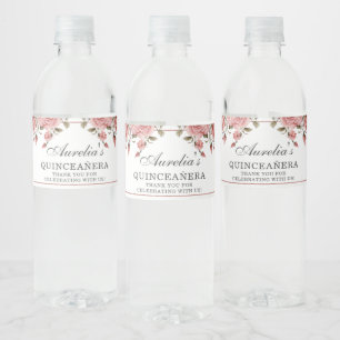 Elegant Blush Pink Floral Quinceañera Birthday Water Bottle Label