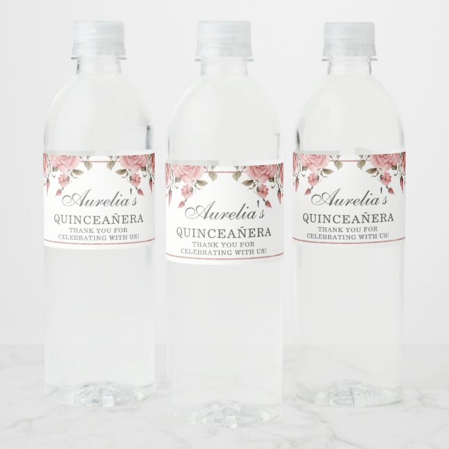 Elegant Blush Pink Floral Quinceañera Birthday Water Bottle Label (Bottles)