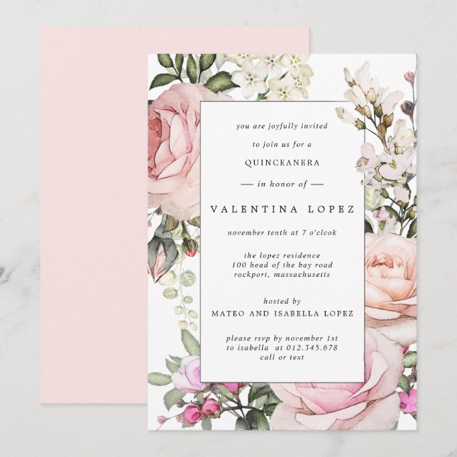 Elegant Blush Pink Floral Quinceanera Invitation (Front/Back)