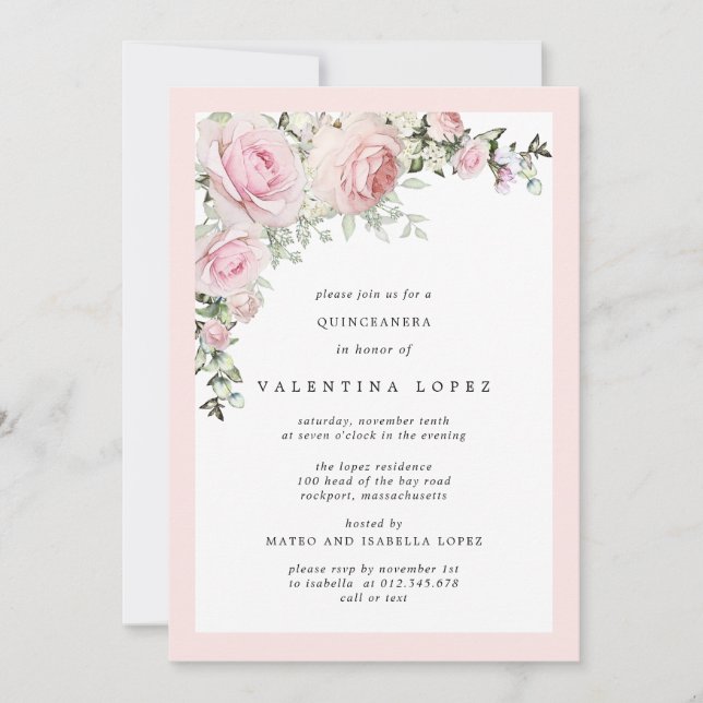 Elegant Blush Pink Floral Quinceanera Invitation (Front)