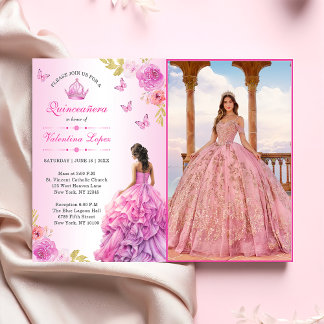 Elegant Blush Pink Floral Quinceañera Invitation