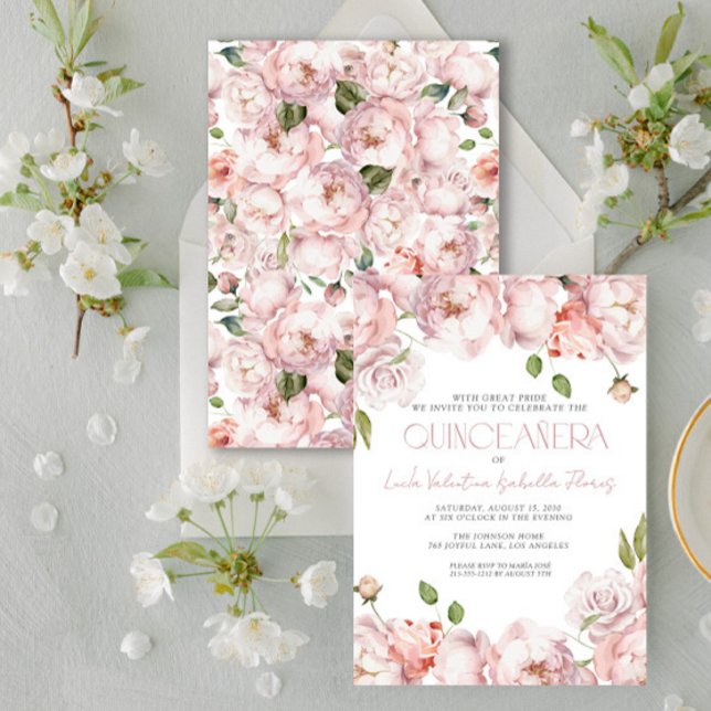 Elegant Blush Pink Floral Quinceanera Invitation (Creator Uploaded)