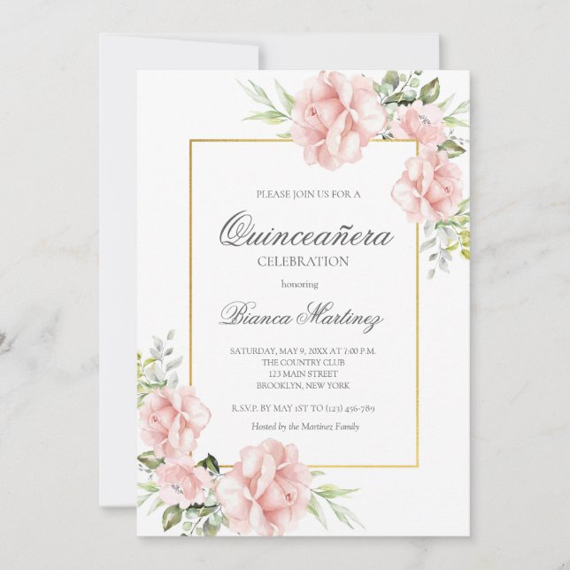 Elegant Blush Pink Floral Quinceanera Invitation (Front)