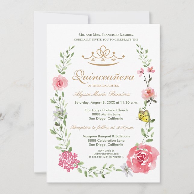 Elegant Blush Pink Floral Quinceañera Tiara Invitation (Front)
