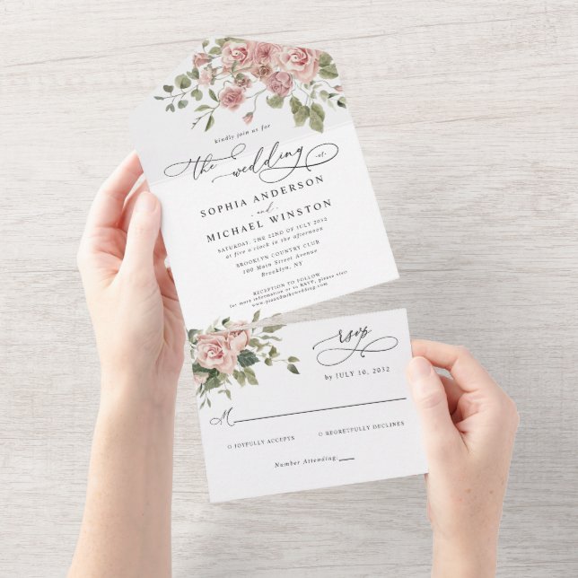 Elegant Blush Pink Floral Rose Botanical Wedding All In One Invitation (Tearaway)
