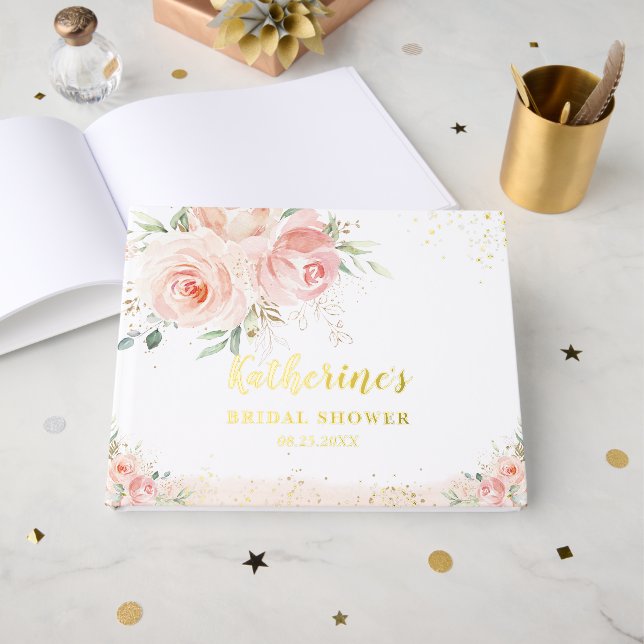 Elegant Blush Pink Floral Roses Bridal Shower Gold Guest Book (Front Open)