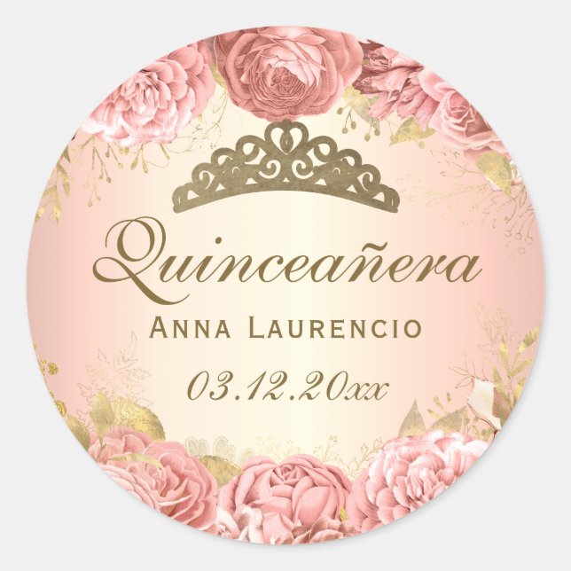 Elegant Blush Pink Floral Roses Quinceanera Classic Round Sticker (Front)