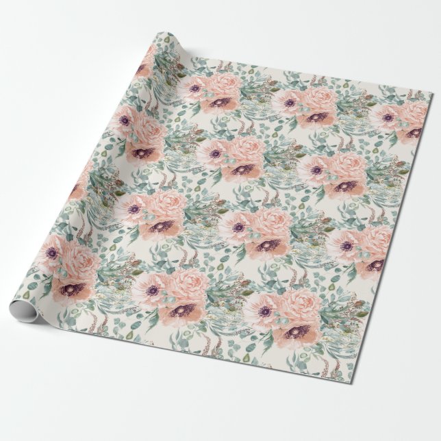 Elegant Blush Pink Floral Sage Green Foliage  Wrapping Paper (Unrolled)