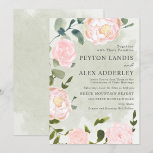Elegant Blush Pink Floral Sage Green Wedding Invitation