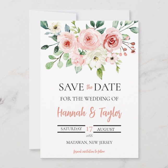Elegant Blush Pink Floral save the date Wedding Invitation (Front)