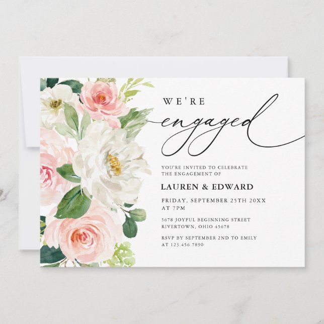 Elegant Blush Pink Floral Script Engagement Party  Invitation (Front)