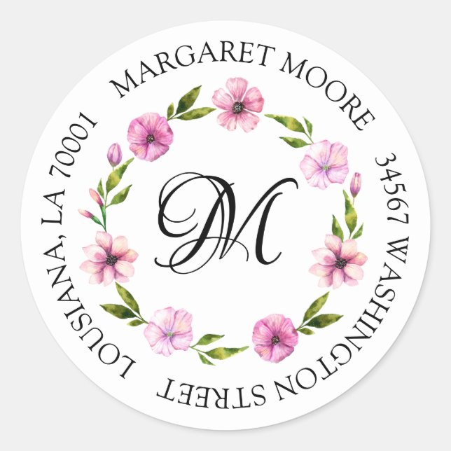 Elegant Blush Pink Floral Script Monogram Address Classic Round Sticker (Front)