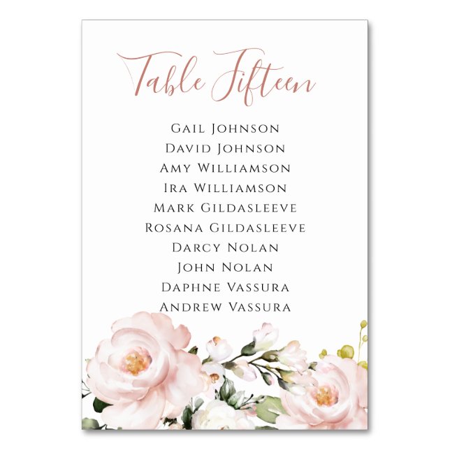 Elegant Blush Pink Floral Script Table Number (Front)