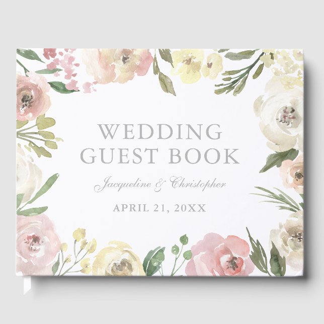 Elegant Blush Pink Floral Summer Peony Wedding Guest Book (Front)