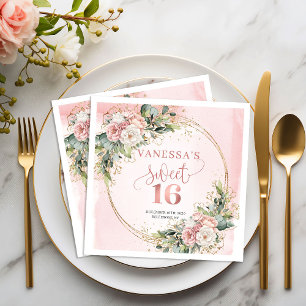 Elegant Blush Pink Floral Sweet Sixteen Napkins
